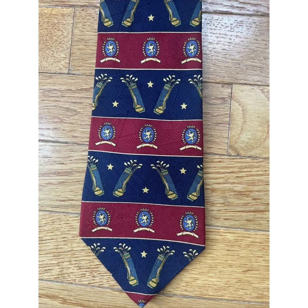 Tommy Hilfiger Men's‎ Necktie Red And Blue Golf Themed Tie 100% Italian Silk
